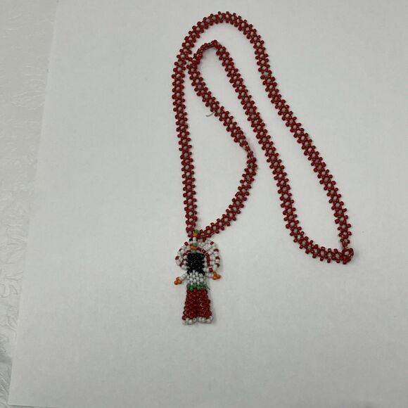 Vintage Native American Indian Seed Bead Bracelet Kachina Chief Doll Red Orange - Picture 5 of 7